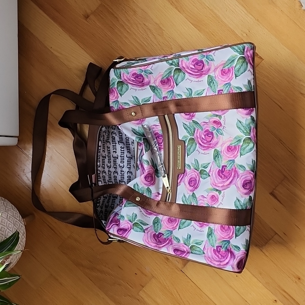 Juicy Couture Pink Rose Print Travel Bag with Brown Straps